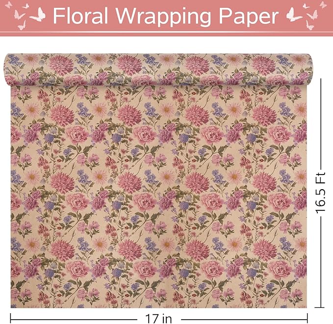 RayofSun Kraft Floral Wrapping Paper Roll 17 in x 16.5 ft Mini Roll Vintage Wildflower Pink Flower Gift Wrap Paper for All Occasion Wedding Birthday Bridal Shower Party Wrapping Supplies