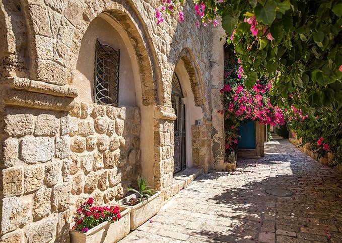 15x8ft Fabric Old Stone Street Backdrop Jerusalem Ancient Narrow Street with Blooming Flowers Israel Background Ancient Stone Wall Backdrop Photoshoot Studio Props
