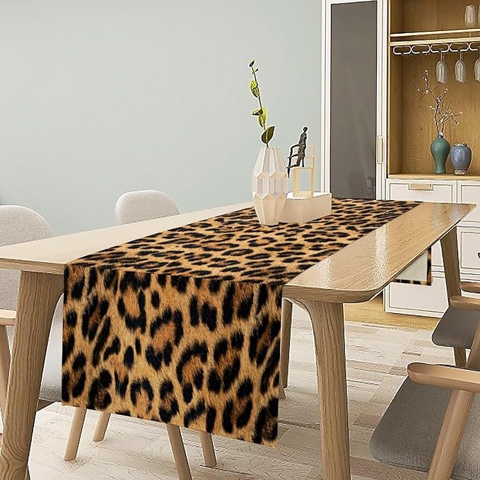 Leopard Skin Print Table Runner, Vintage Cottage Country Farmhouse Wildlife Brown Safari Animal Skin Dinner Runner for Home Kitchen Dining Table Party Holiday Decor 13x36in