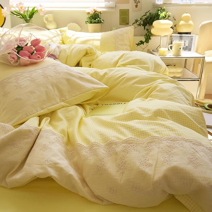 LifeTB Yellow Gingham Duvet Cover Twin XL 3 Pieces Romantic Lace Comforter Cover Super Soft Cream Yellow Grid Duvet Cover Farmhouse Plaid Checkered Comforter Cover Grid Gingham Bedding Set