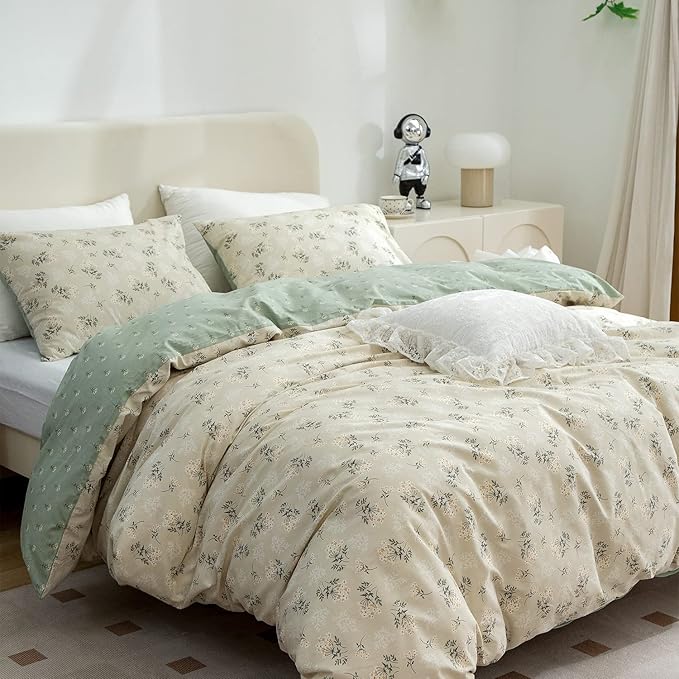 Floral Queen Comforter Set 3 Pieces Soft Chic Garden Style Green Floral Print Lightweight Botanical Flower Comforter Set for All Seasons 1 Comforter and 2 Pillowcases