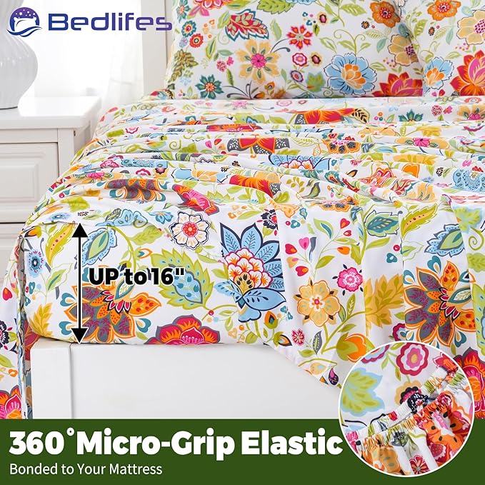 Bedlifes Queen Floral 4-Piece Sheet Set - Cooling Sheets Blend Rayon Derived from Bamboo,Soft & Breathable, Deep Pocket 16", Wrinkle Resistant - Vibrant Boho Floral Spring Design