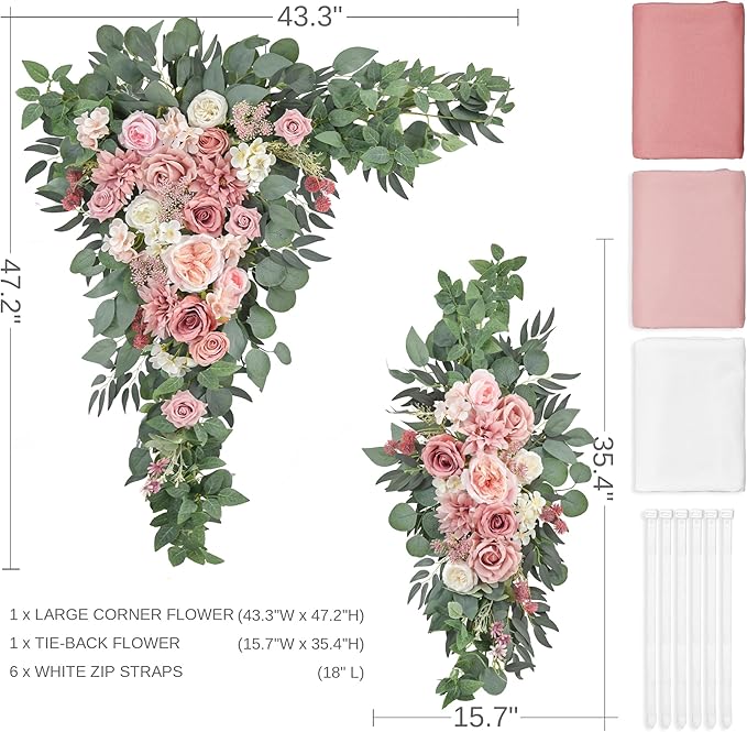 Wedding Arch Flowers Kit (Pack of 5) 2pcs Large Floral Swag Arrangement and 3pcs Fabric Drap for Ceremony Reception and Backdrop Decoration (Dusty Rose and Blush)