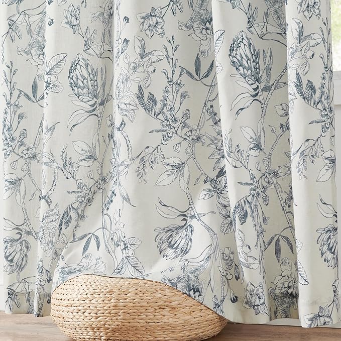 jinchan Floral Curtains 108 Inch Length Blue Flower Linen Farmhouse Curtain for Living Room French Country Vintage Curtain Rod Pocket Curtains Set 2 Panels Blue Floral Printed