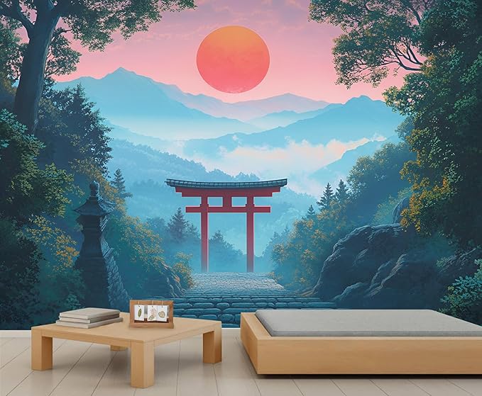 KIREUPA Japanese Torii Gate Wall Mural, Sunrise Mountain Landscape 3d Wall Murals, Zen Nature Art Wallpaper Mural, for Living Room Bedroom Large Wallpaper Indoor Decor 118" W x 82.6 "H