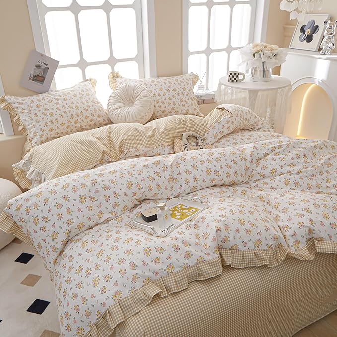 VM VOUGEMARKET Twin Comforter Set with Rose Flower Pattern,1 Ruffle Comforter and 2 Pillow Shams for Girls Women,Reversible Yellow Plaid Bedding Set(3pcs,Twin XL)