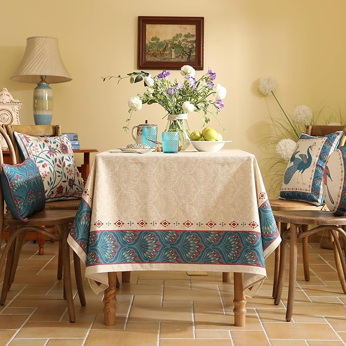 Vintage Beige Linen Extra Long Rectangle Tablecloth,Paisley Farmhouse Feather Pattern Table Cloth,Decor Table Cover for Kitchen,Dining,Thanksgiving,Christmas,63"*110"-Dorodango F