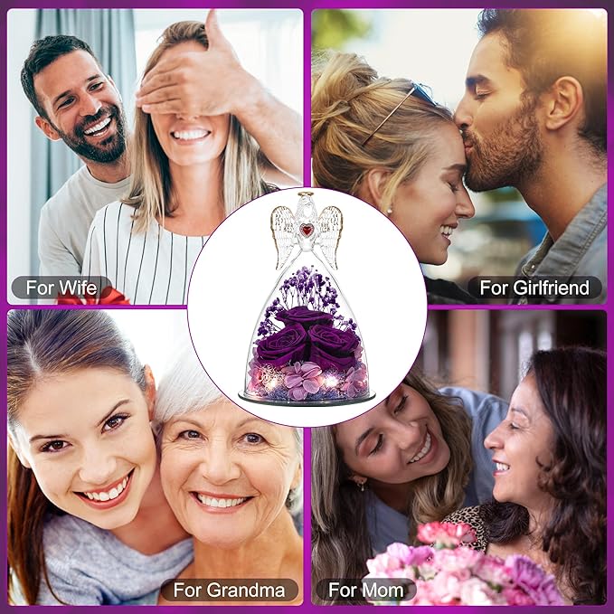 Mothers Day Rose Gifts for Women, Large Angel Figurines with Real Roses, Preserved Real Flower Rose for Her,Full Purple