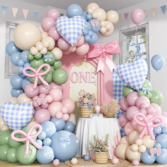Silly Goose Balloon Arch Kit, Pink Blue Green Latex Balloon Garland Kit Gingham Heart Foil Balloons for Boys Girls Goose Birthday Baby in Bloom Baby Shower Floral Fairy Wildflower Party Decorations