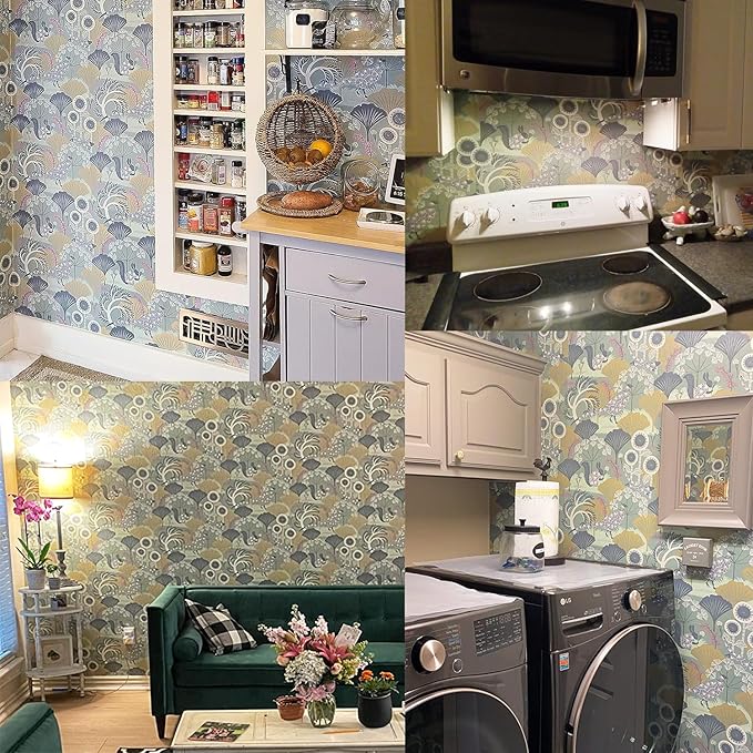 Wudnaye Green Floral Peel and Stick Wallpaper Vintage Contact Paper for Cabinets 17.7inch×118.1inch Neutral Peacock Removable Wallpaper Self Adhesive Boho Wall Paper for Bedroom Cabinet Decor Vinyl