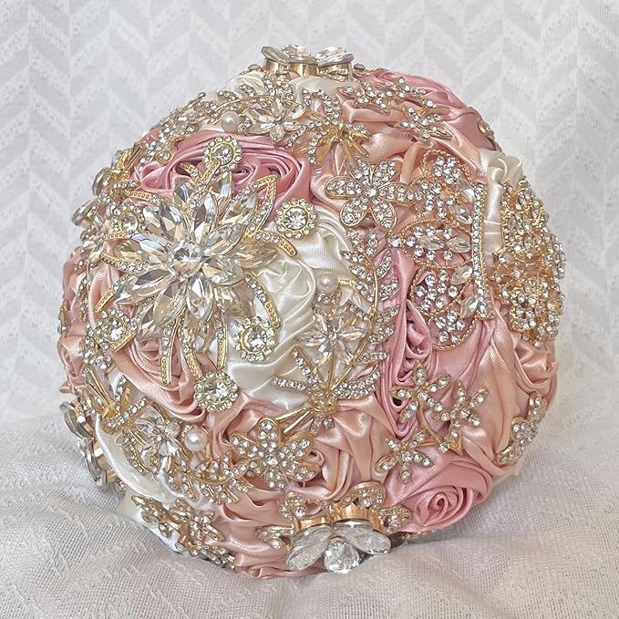 Handmade Satin Rose Floral Bling Pearl Decor Bridal Wedding Bouquet Rhinestone Pendant Artificial Brooch Flowers for Bride Bridesmaid Quinceanera