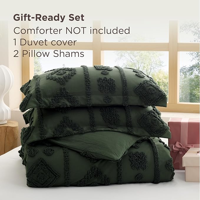 Bedsure Boho Duvet Cover Queen Size - Dark Green Tufted Boho Bedding, Farmhouse Shabby Chic Embroidery Bedding for All Seasons, 3 Pieces, 1 Soft Jacquard Queen Comforter Cover and 2 Pillow Shams