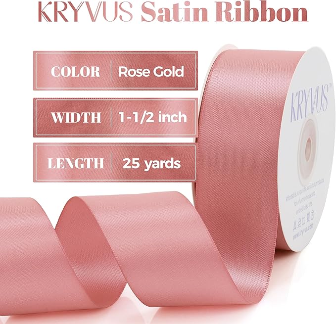 Rose Gold Satin Ribbon, Double Faced 1-1/2 Inch X 25 Yards Rose Gold Ribbon, Premium Satin Ribbons for Gift Wrapping, Crafts, Hair Bow Making, Sewing, Flower Bouquet, Wedding Party Decor
