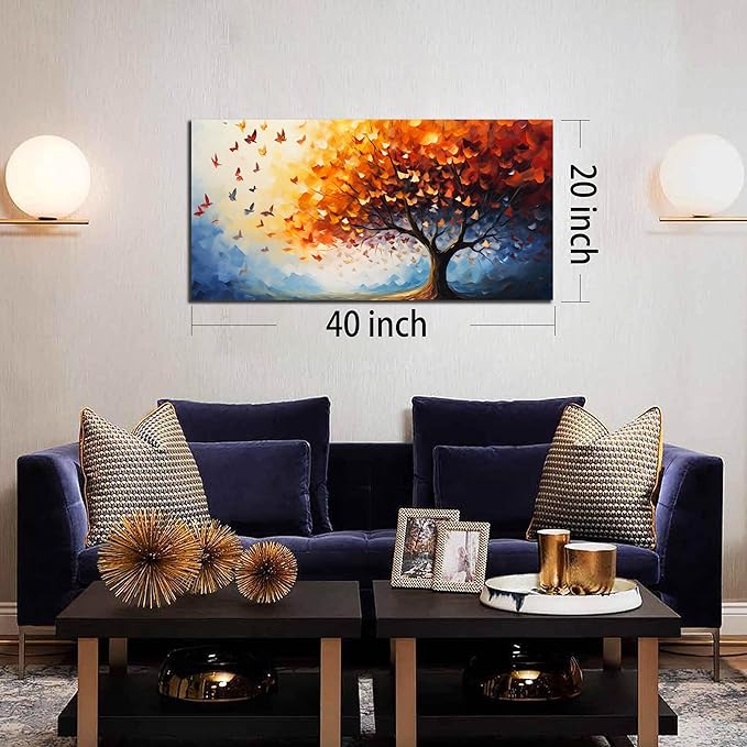 ANCXWOTER Butterfly Tree Canvas Wall Art for Living Room Bedroom Home Office Orange and Blue Colorful Butterfly Picture Tree of Life Wall Art Large Modern Canvas Prints 20x40 In