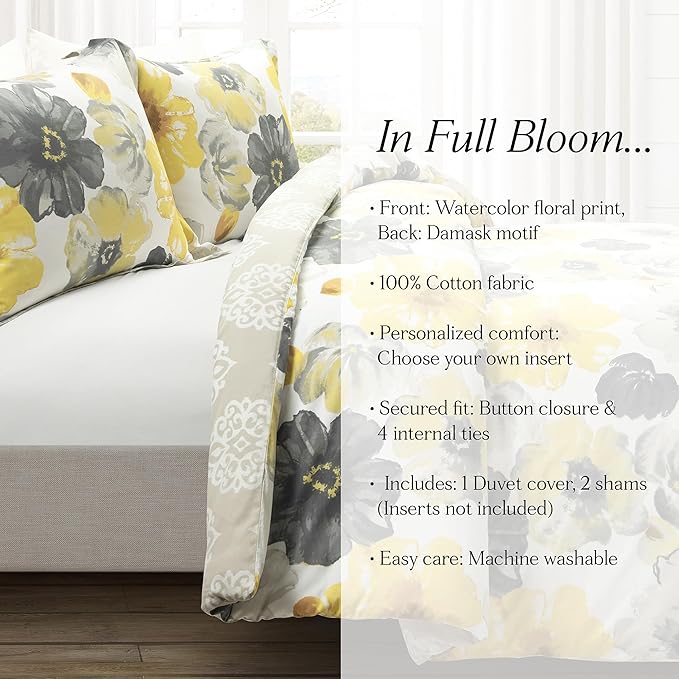 Lush Decor Leah Reversible 100% Cotton Duvet Cover Set, 3 Piece Set, King, Yellow & Gray - King Bedding Set - Yellow Duvet Cover - Country Floral Decor