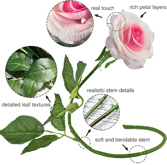FiveSeasonStuff Fake Roses Wedding Flowers Real Touch Silk White & Pink Artificial Flowers 12 Stems