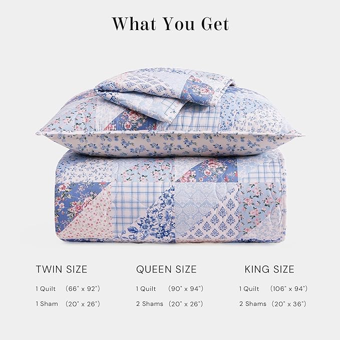 Quilt Set King Size, Patchwork Blue Pink Marigold Floral Quilt Sets, Reversible Bedspread Lightweight and Breathable for All Seasons, Soft Quilted Bedspread with 2 Pillow Shams
