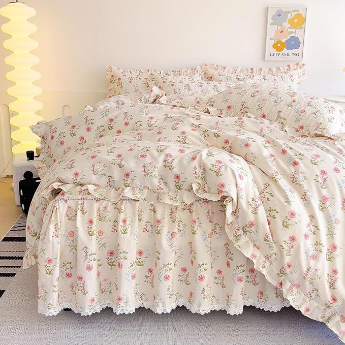 EAVD French Garden Style Pink Flower Duvet Cover with Ruffles Queen Soft Cotton Chic Shabby Pink Floral Bedding Set with 2 Pillowcases Romantic Botanical Print Duvet Cover with Zipper Closure