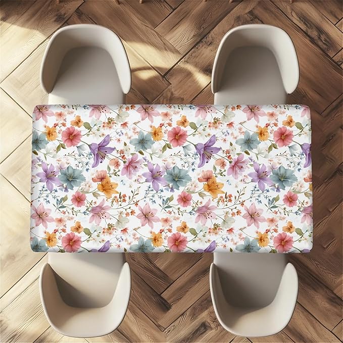 Rectangle Table Cloth Cover Waterproof Elastic Fitted Polyester Fitted Tablecloths for 6 Foot Tables for Indoor,Picnic, Camping, Outdoor （72" x 30"，Flower）