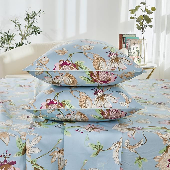 Brandream Floral Bedding Botanical Flower Farmhouse Queen Size Sheets Set Luxury Bedding Collections 800 Thread Count 100% Egyptian Cotton Deep Pocket, 4 Piece Blue