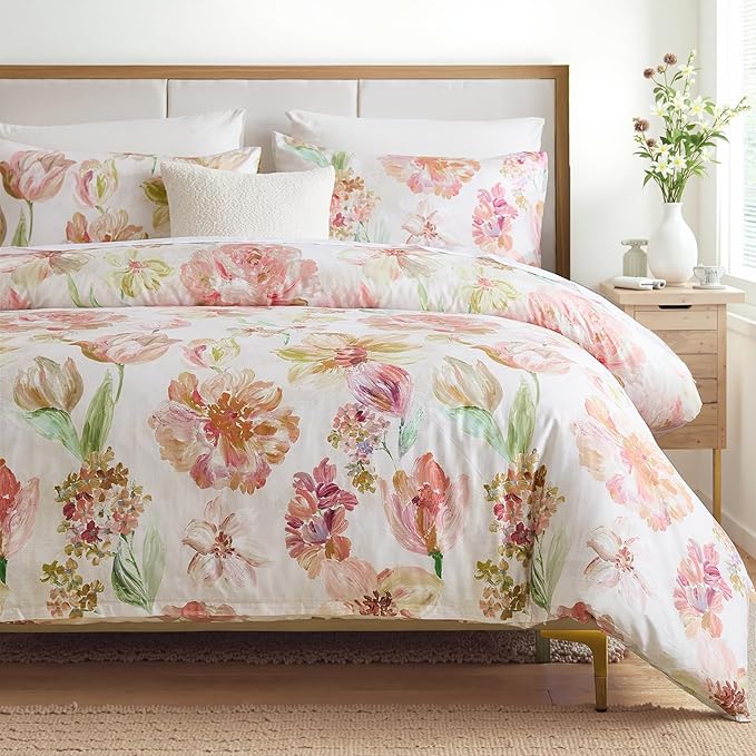 100% Cotton Duvet Cover Set Queen Size – Pink Watercolor Floral Bedding with Zipper Closure, 3-Piece Silky Soft Botanical Comforter Cover with 2 Pillowcases