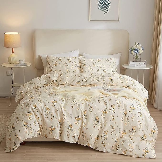 HighBuy 3 Pieces Duvet Covers King Size Yellow Floral Duvet Cover Set,Ultra Soft Cotton Bedding Set Botanical Printed Soft Aesthetic Bed Cover with Zipper Closure 4 Ties All Season