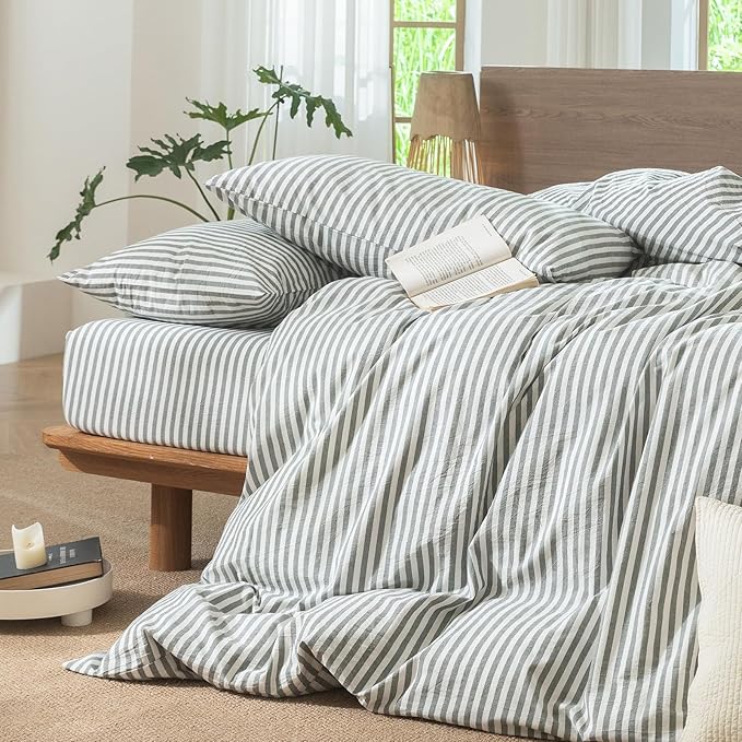 MooMee Striped Duvet Cover Set 100% Washed Cotton Linen Like Textured Breathable Durable Soft Comfy (Heathered Green Classic Stripes, King 104"x90")