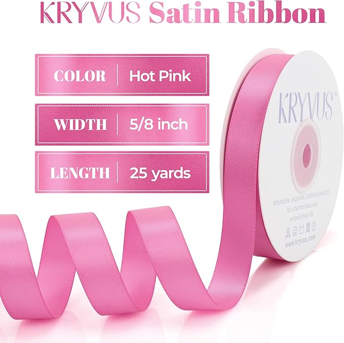 Hot Pink Satin Ribbon, Double Faced 5/8 Inch X 25 Yards Hot Pink Ribbon, Premium Satin Ribbon for Gift Wrapping, Crafts, Hair Bow Making, Sewing, Flower Bouquet, Wedding Party Decor