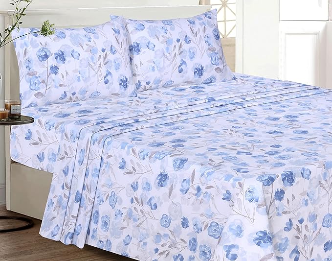 RUVANTI 100% Cotton Full Size Bed Sheets, 4 Pieces, Soft & Breathable Percale Weave Bedding, Deep Pocket 16", Hotel Standard, Crisp Cool Feel, Durable, Perfect Sheet Set Floral, Monotones