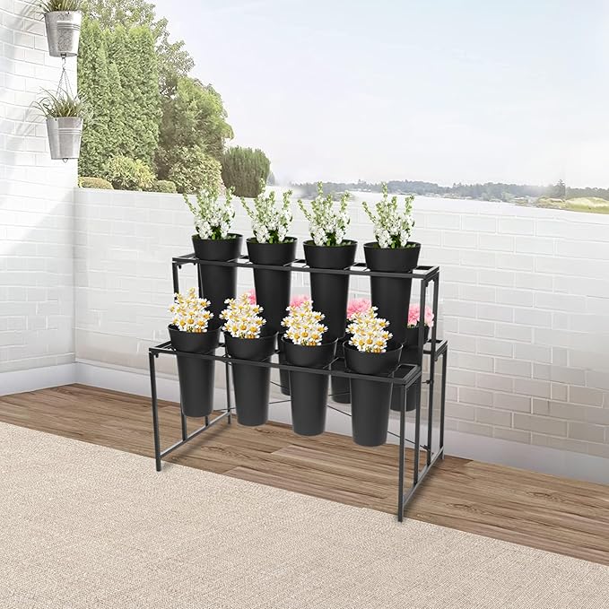 Flower Display Stand with 12 Pcs Buckets 3 Layers Metal Plant Stand Plant Cart Shelf Flower Bucket Rack Stand for Indoor Florist Garden Patio (Black Stand-Black Round Buckets)