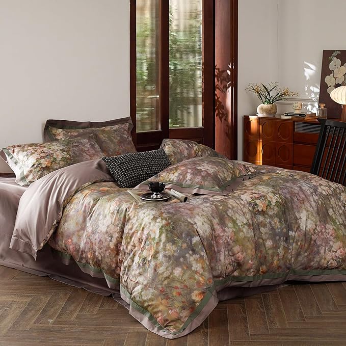 VM VOUGEMARKET Garden Flower Duvet Cover Set Queen,3 Pieces Pink Floral Duvet Cover with 2 Pillow Shams Smooth Silky Long Staple Cotton Bedding Set-Queen,90x90 Inch
