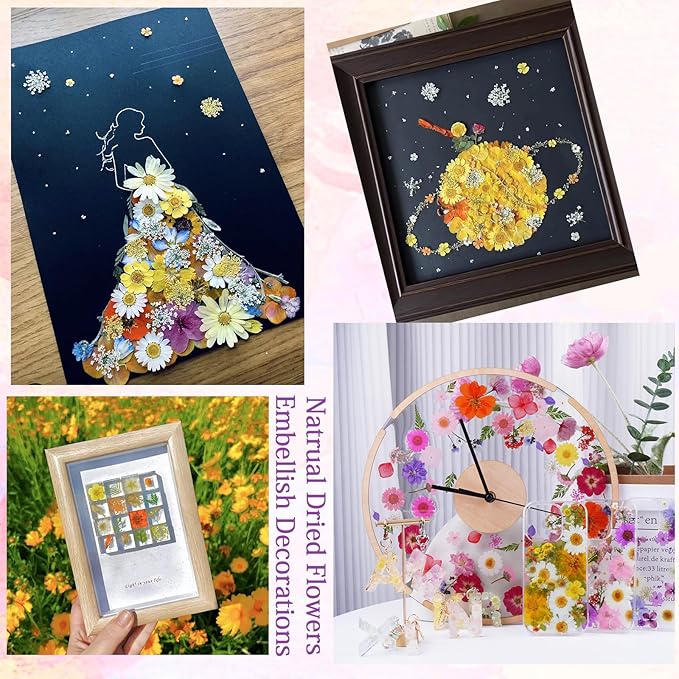 141Pcs Colorful Dried Pressed Flowers for Crafts,Xinxinran Dry Flowers Kit for Resin Molds,Epoxy Resin Accessories,Bookmark,Nails, Jewelry Molds,Candle Making Supplies,Soap,Frame(Mix Color)