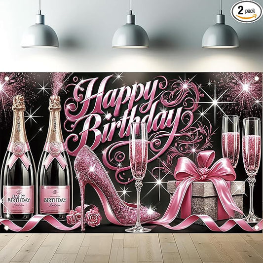 Happy Birthday Backdrop Banner Glitter High Heels Wine Glass Photography Background Poster for Women Girls Birthday Party Decorations Supplies 71 x 43 Inch
