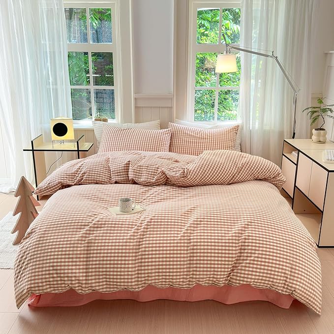 LifeTB Queen Comforter Set Pink Gingham Comforter Modern Style Blush Plaid Comforter Set 3 Pieces Grid Checkered Comforter with 2 Pillowcases Fluffy Soft Boho Gingham Bedding Set Queen Size