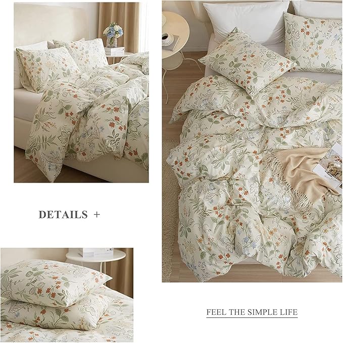 LifeTB Chic Floral Duvet Cover Twin XL Cotton Botanical Bedding Sets Vintage Style Aesthetic Comforter Garden Flower Branches Pattern with Zipper Closure 4 Ties