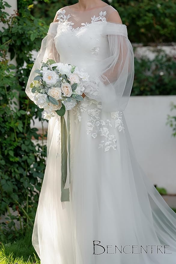 10 Inch White Bridal Bouquet,Wedding Bouquet,Bride Bouquets for Wedding Ceremony Anniversary, Party and French Rustic Vintage Wedding,Artificial Flowers