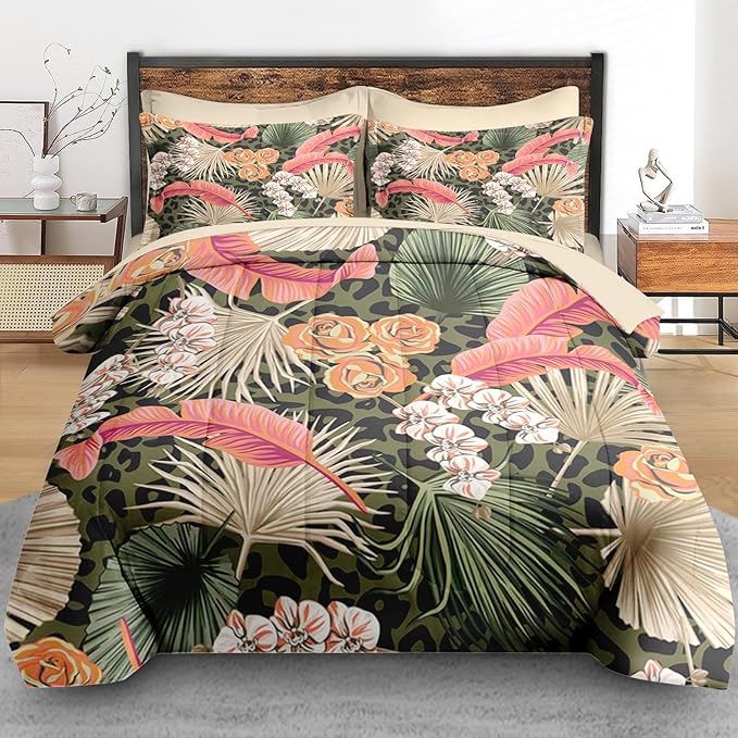 Comforter Set Full Size, Summer Tropical Flowers 7 Pcs Bedding for Kids and Adults, Hawaiian Palm Leaf Leaves Bed Sheet Sets with Fitted Sheet 2 Pillowcase & 2 Sham for Bedroom Bed Decor