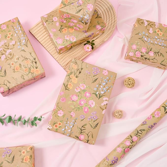 WERNNSAI Kraft Floral Wrapping Paper Roll - 1 Roll 17”x 33 ft Wild Flower Gift Wrap Paper Spring Summer Flower Gift Packing for Girls Women Birthdays Weddings Bridal Shower Party Decor
