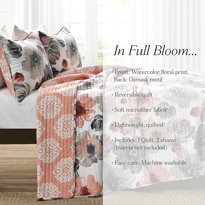 Lush Decor Leah Reversible Floral Quilt Set, 3 Piece Set, King, Coral & Gray - Watercolor Botanical - Cottage Core - French Country Decor- Bedding Queen Size