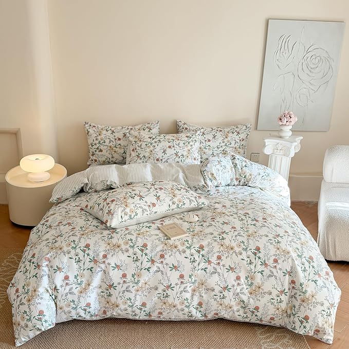 EAVD Fresh Garden Botanical Floral Duvet Cover King Soft 100% Cotton Chic Floral Leaves Print Bedding Set with 2 Pillowcases Aesthetic Botanical Comforter Cover with Zipper Closure