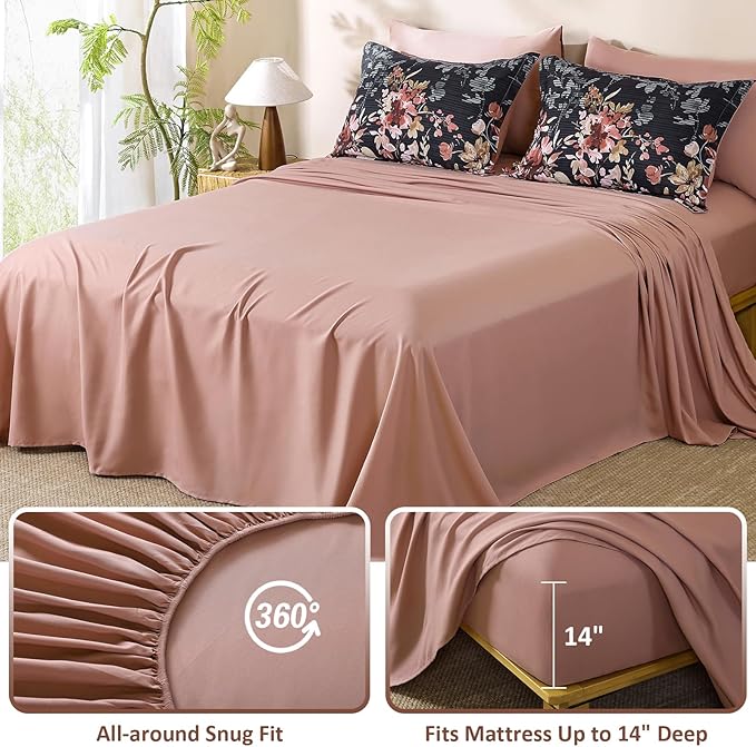 Queen Comforter Set, 7 Pieces Black and Pink Floral Comforter Set, Bed in a Bag Queen with Botanical Flowers Pattern, All Season farmhouse Queen Size Bedding Set with Sheets, Pillowcases & Shams
