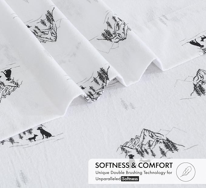 RUVANTI Flannel Sheets California King Size - 100% Cotton Brushed Cal King Bed Sheets Set - Deep Pockets 14 Inches - All Seasons Breathable & Extra Soft - Warm & Cozy, 4 Piece, Soul Dog White