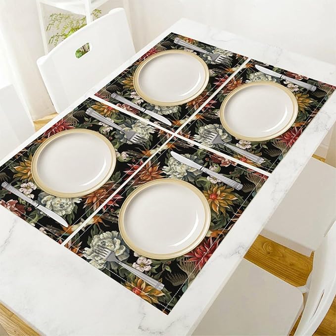 Vintage Floral Placemats Set of 8, 17x12 Inch Colorful Flowers Birds Green Leaves Black Retro Aesthetic Art Print Table Mats for Home Party Kitchen Dining Decor