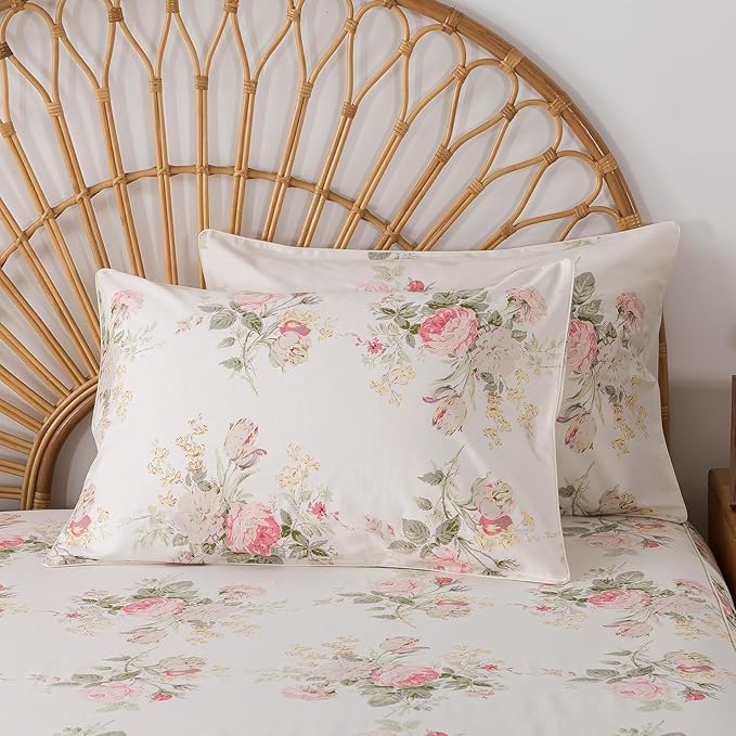 FADFAY 100% Cotton Full Bed Sheet Set, 4 Piece Pink Rose Floral Printed Bedding, Soft Breathable Cooling Sheets with Deep Pocket Fitted Sheet, Flat Sheet & Pillowcases, Vintage Farmhouse Style