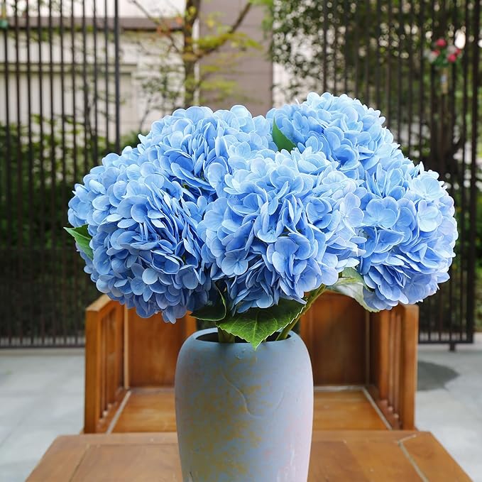 Large Hydrangea Artificial Flowers 19.3", 6 Pcs Latex Real Touch Faux Hydrangea with Stems, Fake Flowers for Table Centerpieces Arrangements Wedding Bouquets (Light Blue)
