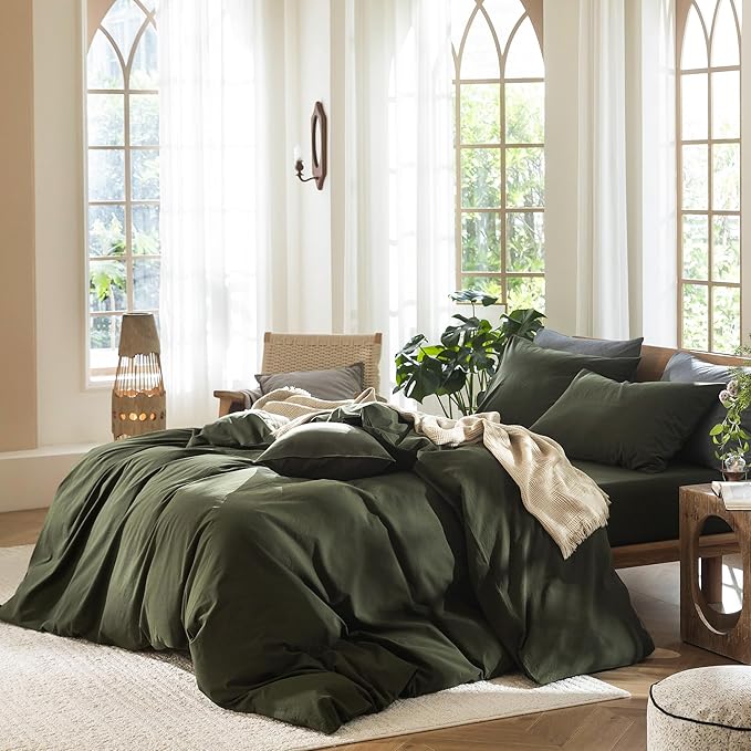 MooMee Bedding Duvet Cover Set 100% Washed Cotton Linen Like Textured Breathable Durable Soft Comfy (Solid Olive Green, Super Queen 90"x98")