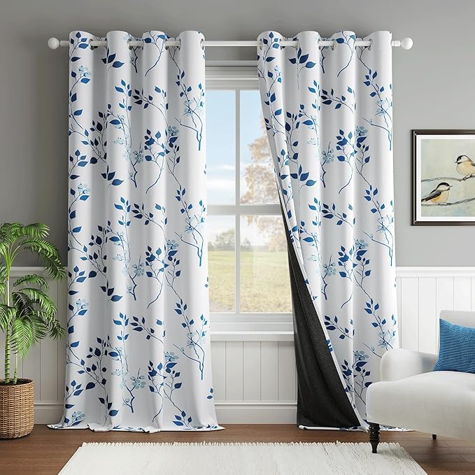 Beauoop Floral 100% Blackout Curtains 90 Inches Long 2 Panels for Bedroom Living Room Navy Blue and White Flower Patterned Room Darkening Thermal Soundproof Grommet Window Treatments Drapes, 52X90