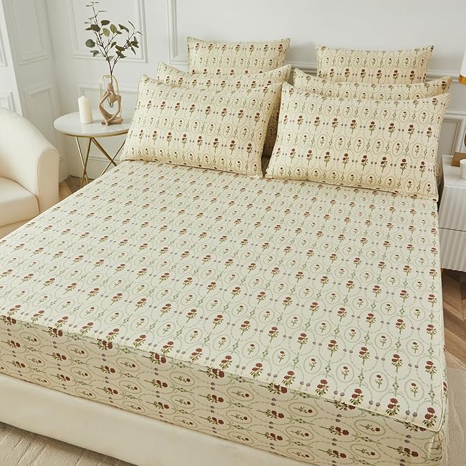 FADFAY Queen Size 100% Cotton Beige Bed Sheets Set Elegant Red Rose Floral Pattern, Soft and Luxurious Shabby Vintage French Country Bedding, 4 Pieces Deep Pocket Fitted Sheet