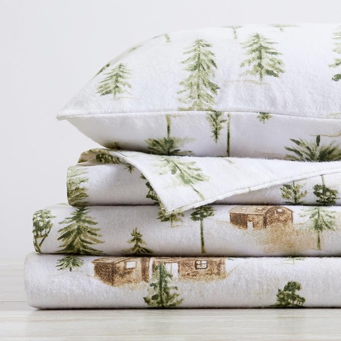 Market & Place 100% Cotton Queen Flannel Sheet Set | 4 Piece Deep Pocket Novelty Cozy Winter Bed Sheets | Double Brushed for Extra Softness & Comfort | Alpine Collection (Queen, Watercolor Forest)