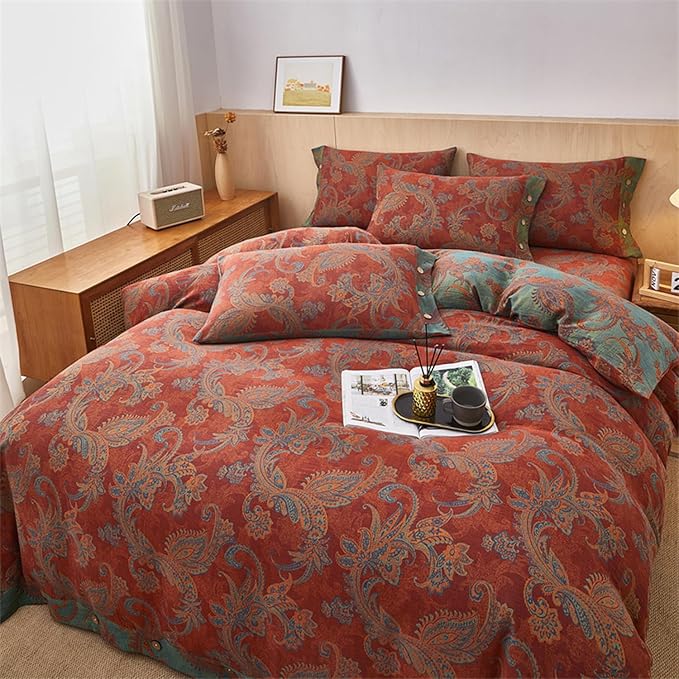 EAVD Vintage Boho Jacquard Floral Duvet Cover Queen Soft 100% Cotton Muslin Yarn-Dyed Textured Bedding Set with 2 Pillowcases Boho Floral Comforter Cover with Button Closure
